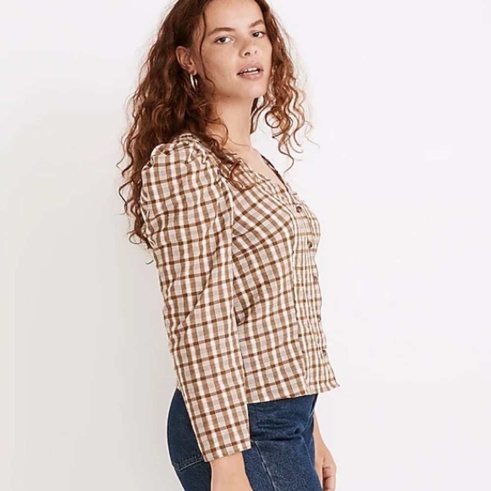 Madewell Cotton Westover Top in Sandown Plaid in Weathered Olive Sz 0 SZ XS